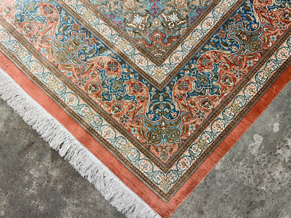 9'10"x13' Exquisite Signed Hand-Knotted 100% Silk Qume Rug