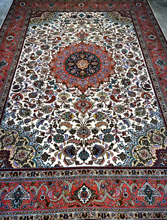 7'0"x10'8" Fine Hand-Knotted Wool & Silk Blend Tabrize Carpet - Area Rug