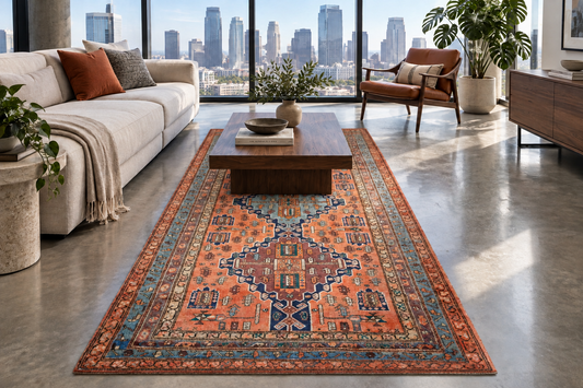 4'8" x 11'0" Hand-Knotted 100% Wool Pile Hamadane Area Rug - Carpet