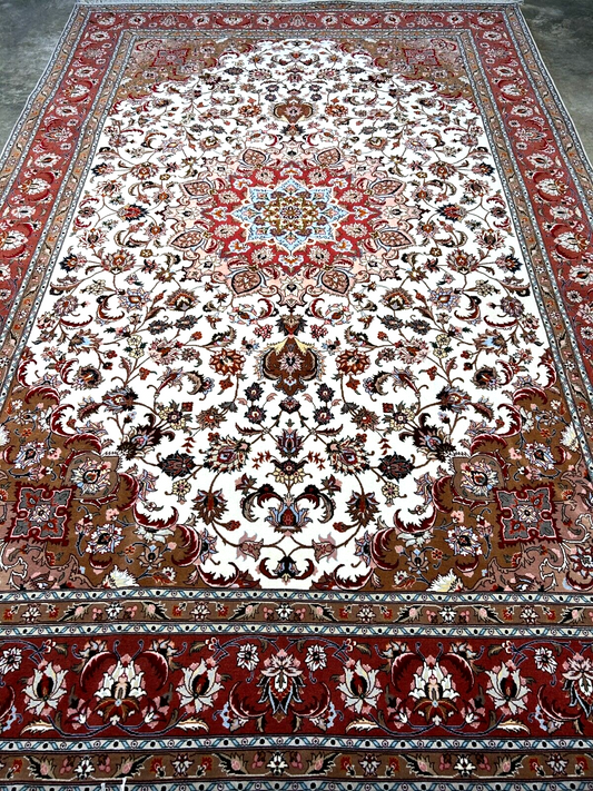 6'7"x10'1" Fine Hand-Knotted Wool & Silk Tabrize Rug - Area Carpet