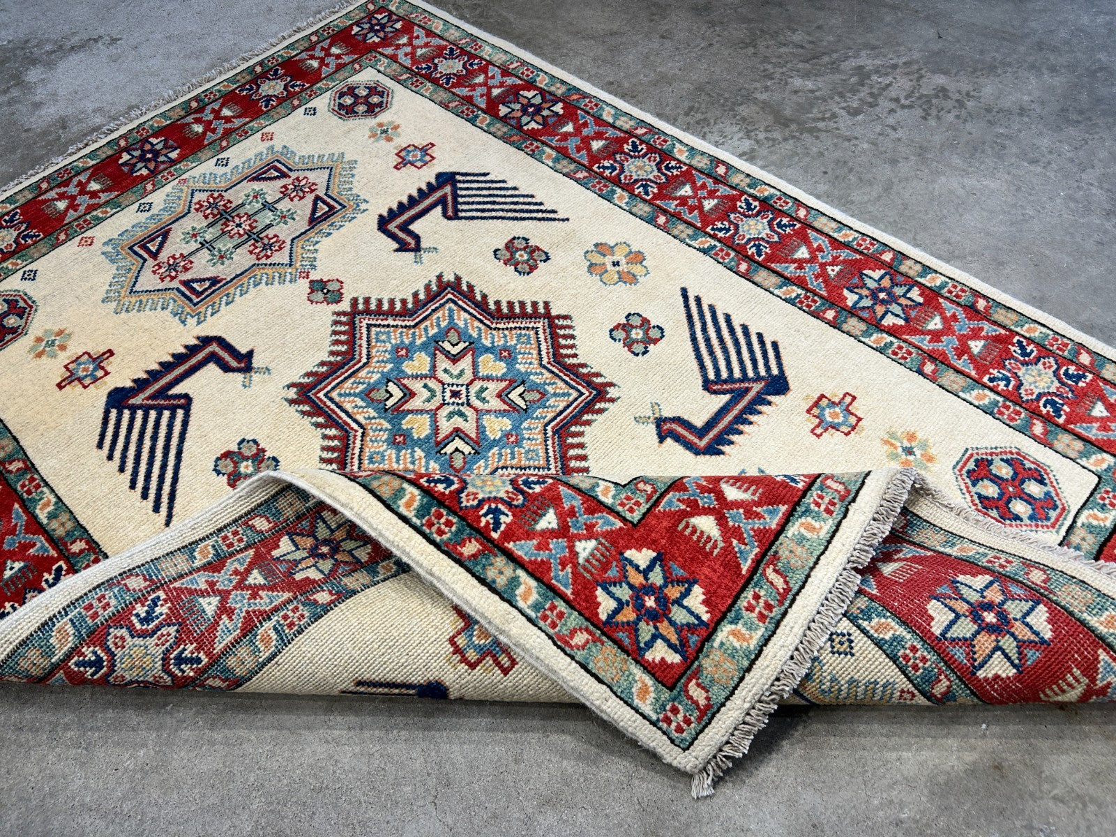 3'5"x4'9" Fine Hand-Knotted 100% Wool Pile Kazak Rug