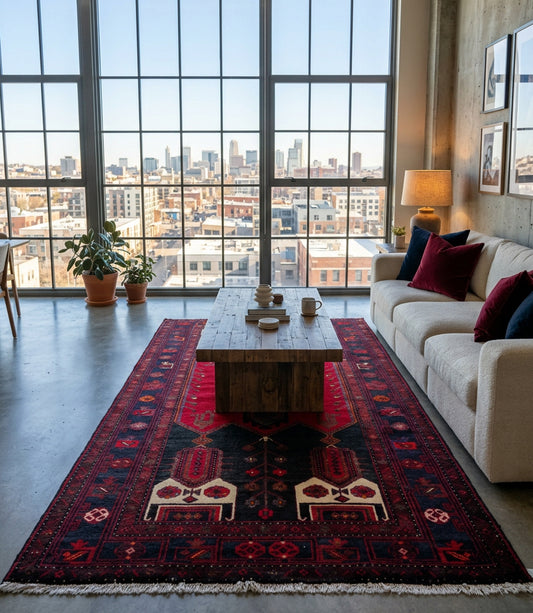 4'11" x 8'5" Hand-Knotted 100% Wool Pile Hamadane Area Rug