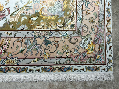 6'8"x10' Very-Fine Hand-Knotted Wool & Silk Blend Tabrize Carpet - Area Rug