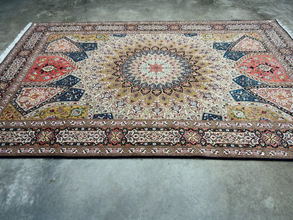 6'7"x10'2" Fine Hand-Knotted Wool & Silk Tabrize Dome Design Rug - Area Carpet