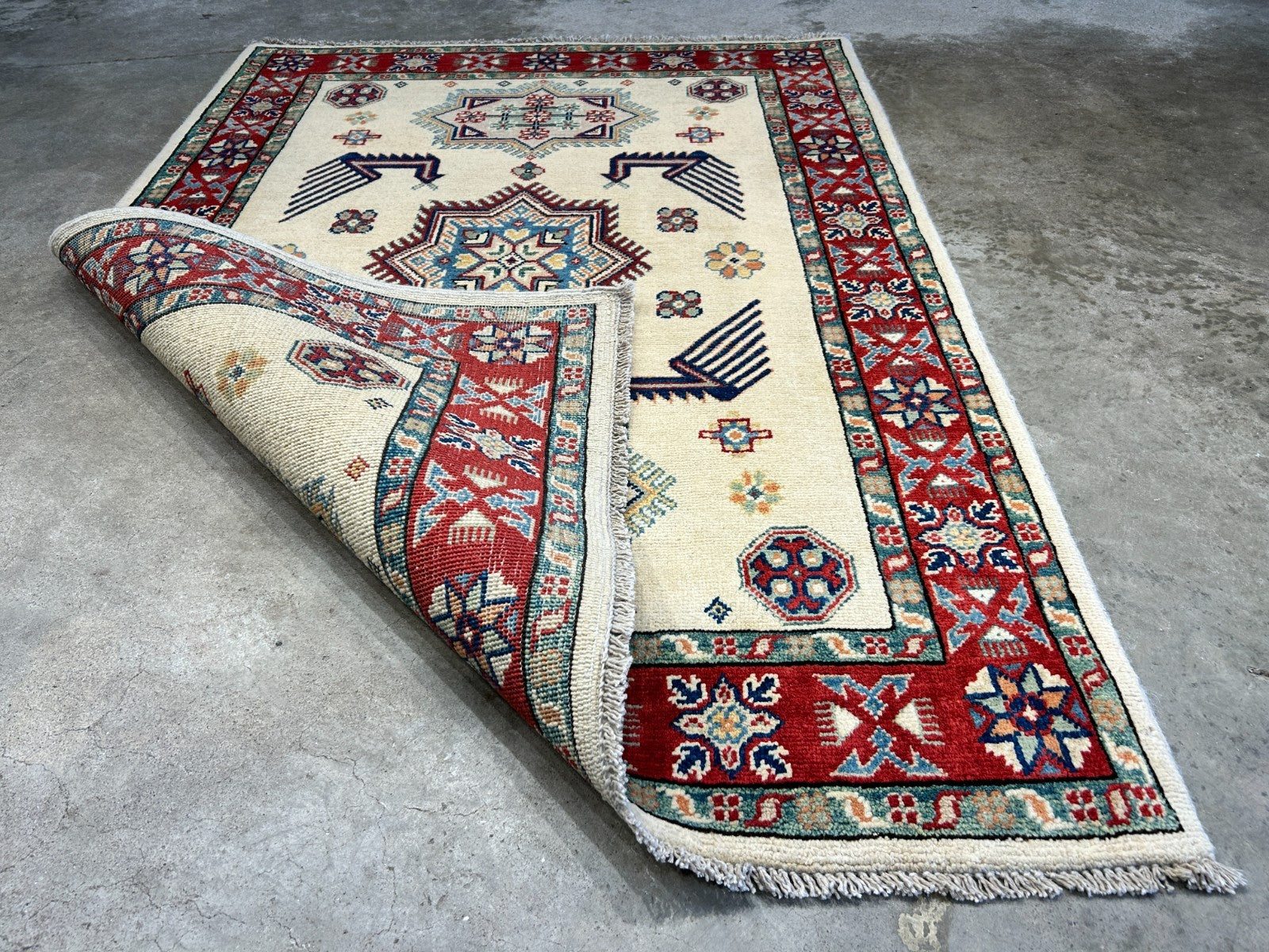 3'5"x4'9" Fine Hand-Knotted 100% Wool Pile Kazak Rug