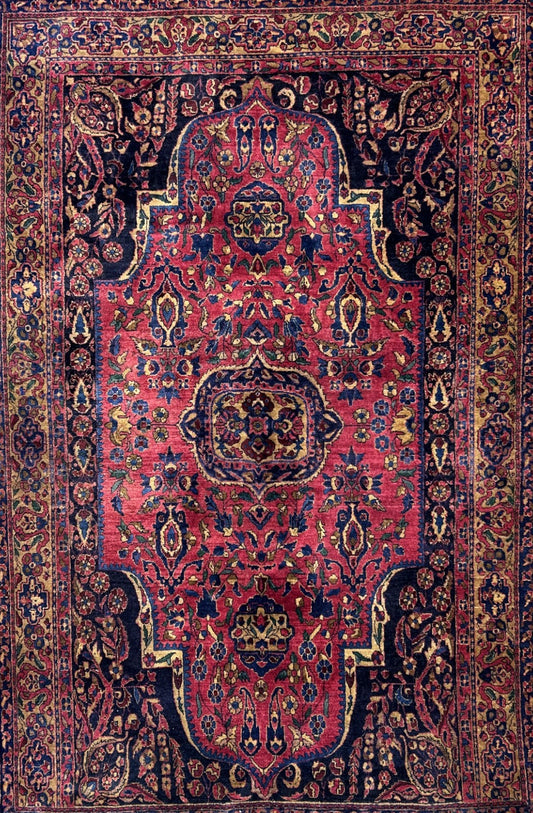 4'5"x6'6" Rare Antique Hand-Knotted 100% Wool Pile Sarouke Area Rug - Carpet