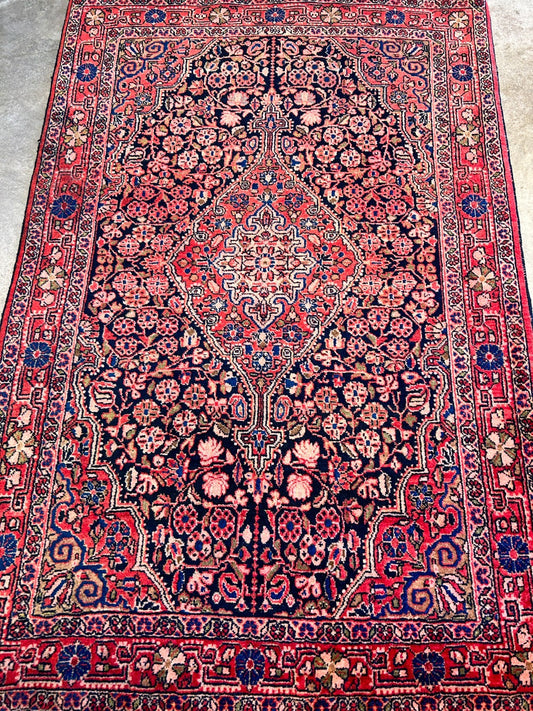 Rare Antique _ 3'5"x5'3" Hand-Knotted 100% Wool Pile Sarouke Josan Area Rug