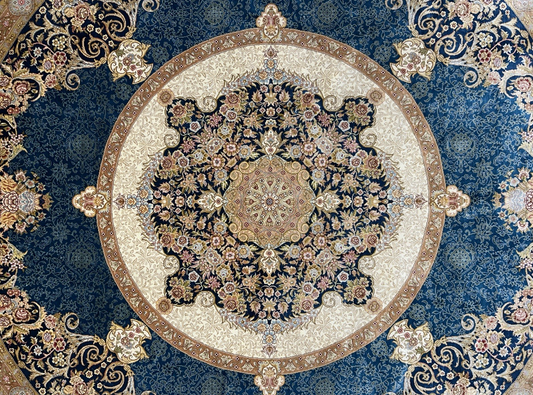8’ Diameter Luxurious Hand-knotted Silk Round Rug - Handmade Blue Signed 8x8