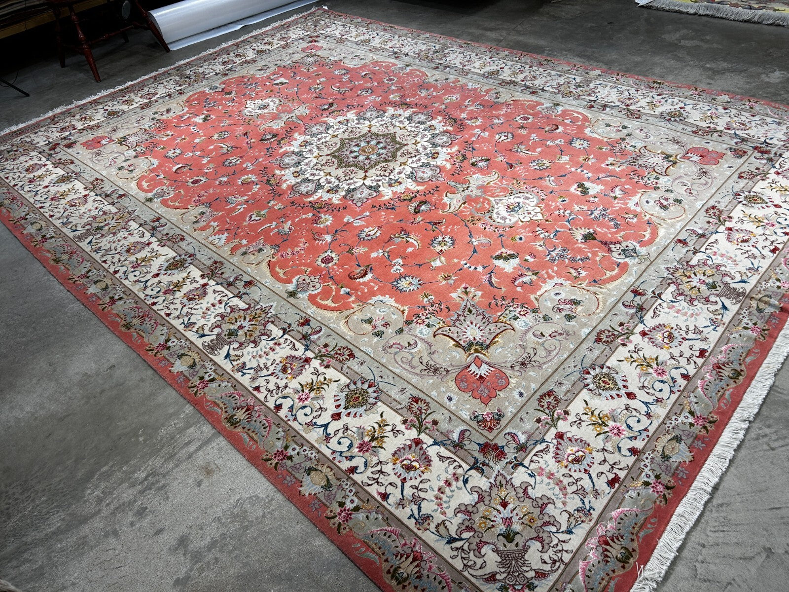 8'4"x12'3" Very Fine Hand-Knotted Wool & Silk Tabrize Rug