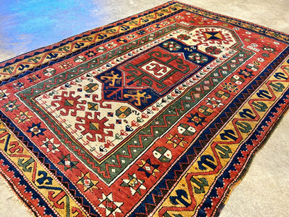 Collector Item -  3'4"x5'6" Antique Hand-Knotted 100% Wool Pile Kazak Rug