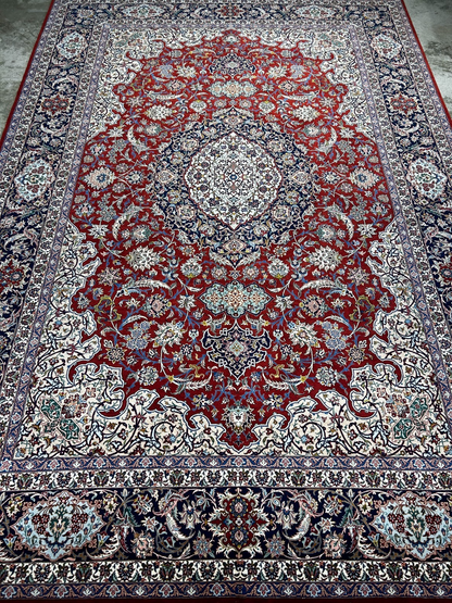 8'1"x11'9" Very Fine Hand-Knotted Wool & Silk Isfahane Area Rug - Signed