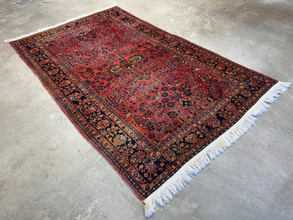 4'3"x6'9" Antique Hand-Knotted 100% Wool Pile Sarouke Area Rug - Carpet