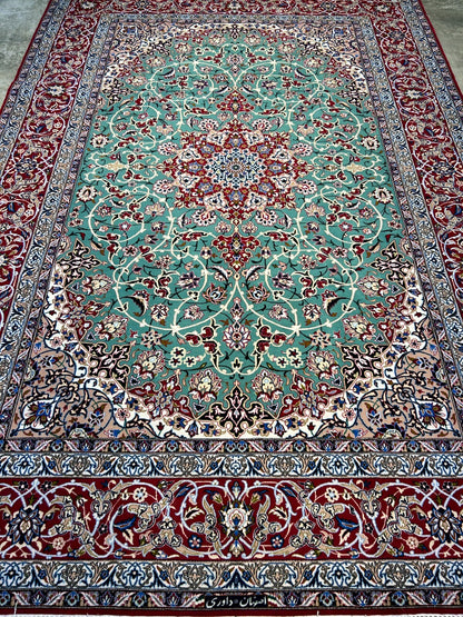 6'9"x10' Extra-Fine Hand-Knotted Wool & Silk Blend Isfahane Area Rug - Signed