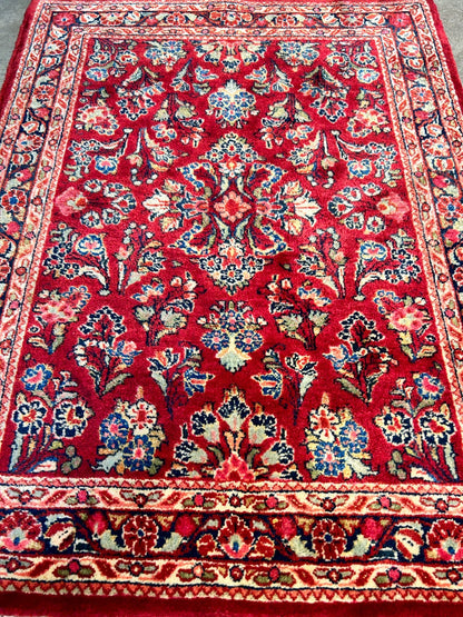 3'1"x4'1" Rare Size Antique Hand-Knotted 100% Wool Pile Sarouke Rug