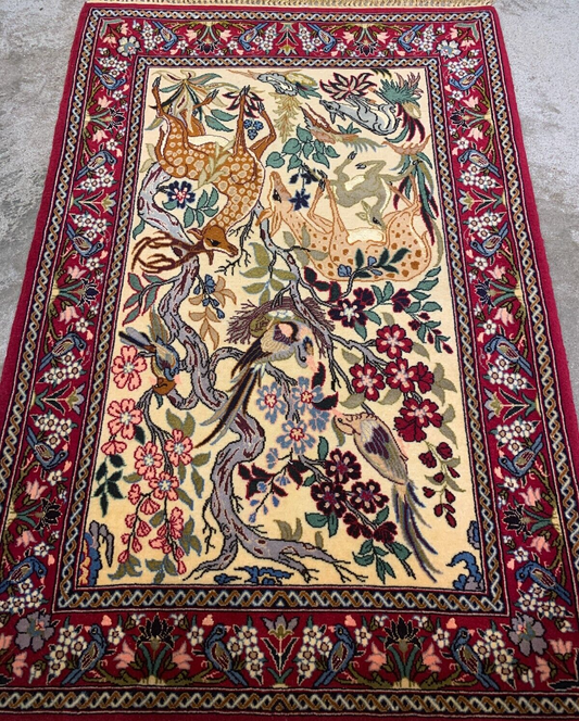 2'4"x3'7" Fine Hand-Knotted Wool & Silk Isfahane Pictorial Rug - Area Carpet