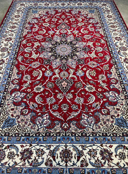 6'7"x9'10" Fine Hand-Knotted Wool & Silk Blend Isfahane Area Rug - Signed