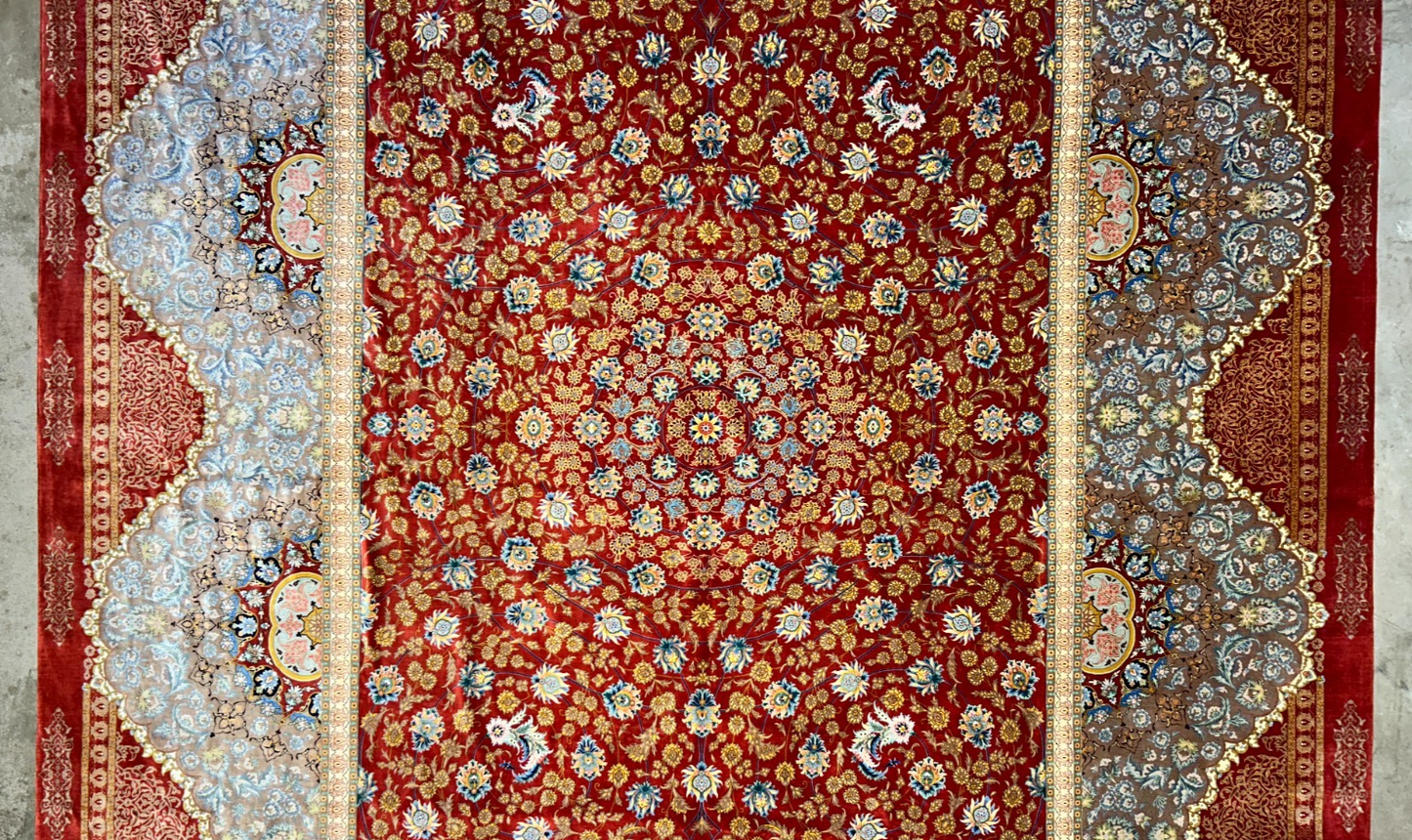 9'8"x13'6" Exquisite Signed Hand-Knotted 100% Silk Qume Rug