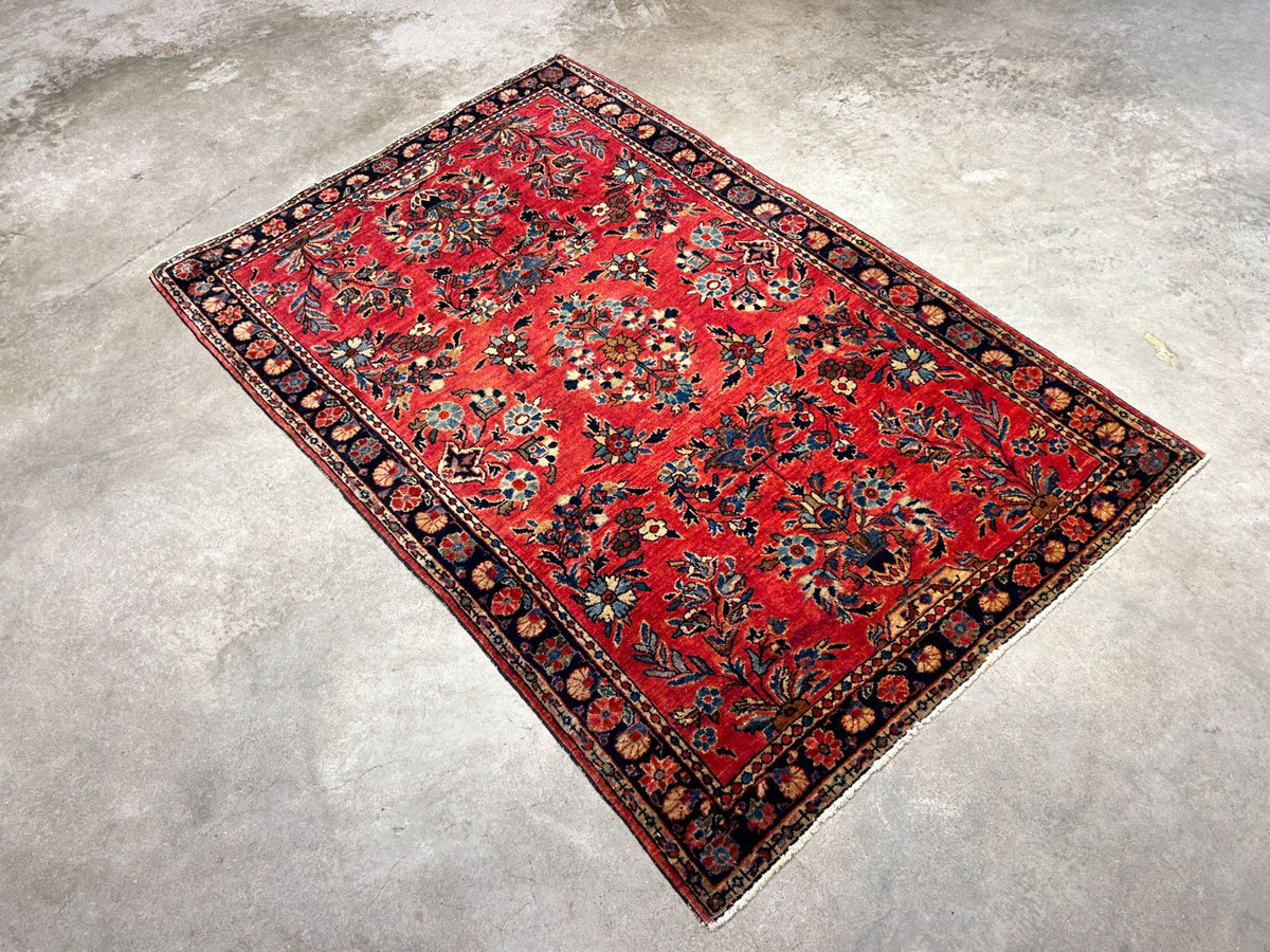 3'4"x4'10" Antique Hand-Knotted 100% Wool Pile Sarouke Mohajeran Rug