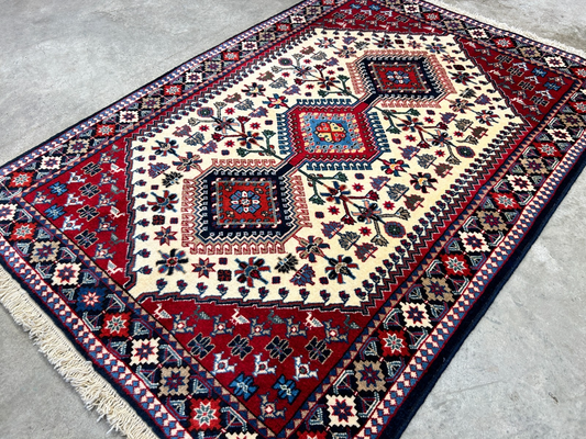 3'5"x5' Hand-Knotted 100% Wool Pile Yalamehe Rug