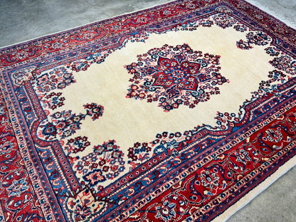 6'2"x9' Hand-Knotted 100% Wool Pile Sarouke Carpet - Area Rug