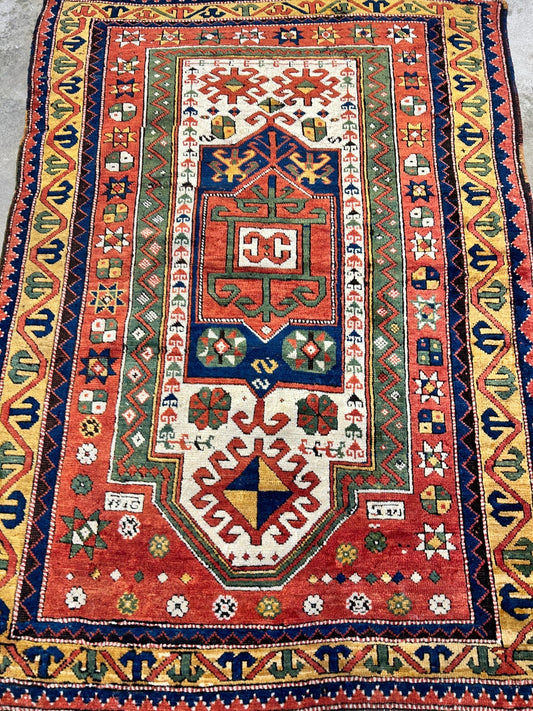 Collector Item -  3'4"x5'6" Antique Hand-Knotted 100% Wool Pile Kazak Rug