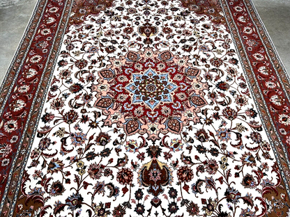 6'7"x10'1" Fine Hand-Knotted Wool & Silk Tabrize Rug - Area Carpet