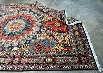 6'8"x10'7" Fine Hand-Knotted Wool & Silk Blend Tabrize Carpet - Area Rug