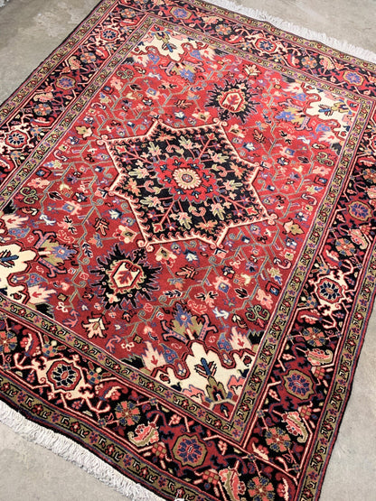 5'0" x 6'2" Hand-Knotted 100% Wool Pile Geometric Herize Area Rug