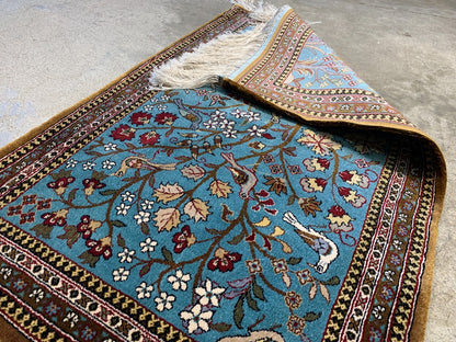 2'1"x3'1" Very Fine Hand-Knotted 100% Silk Tree of Life Kashane Rug