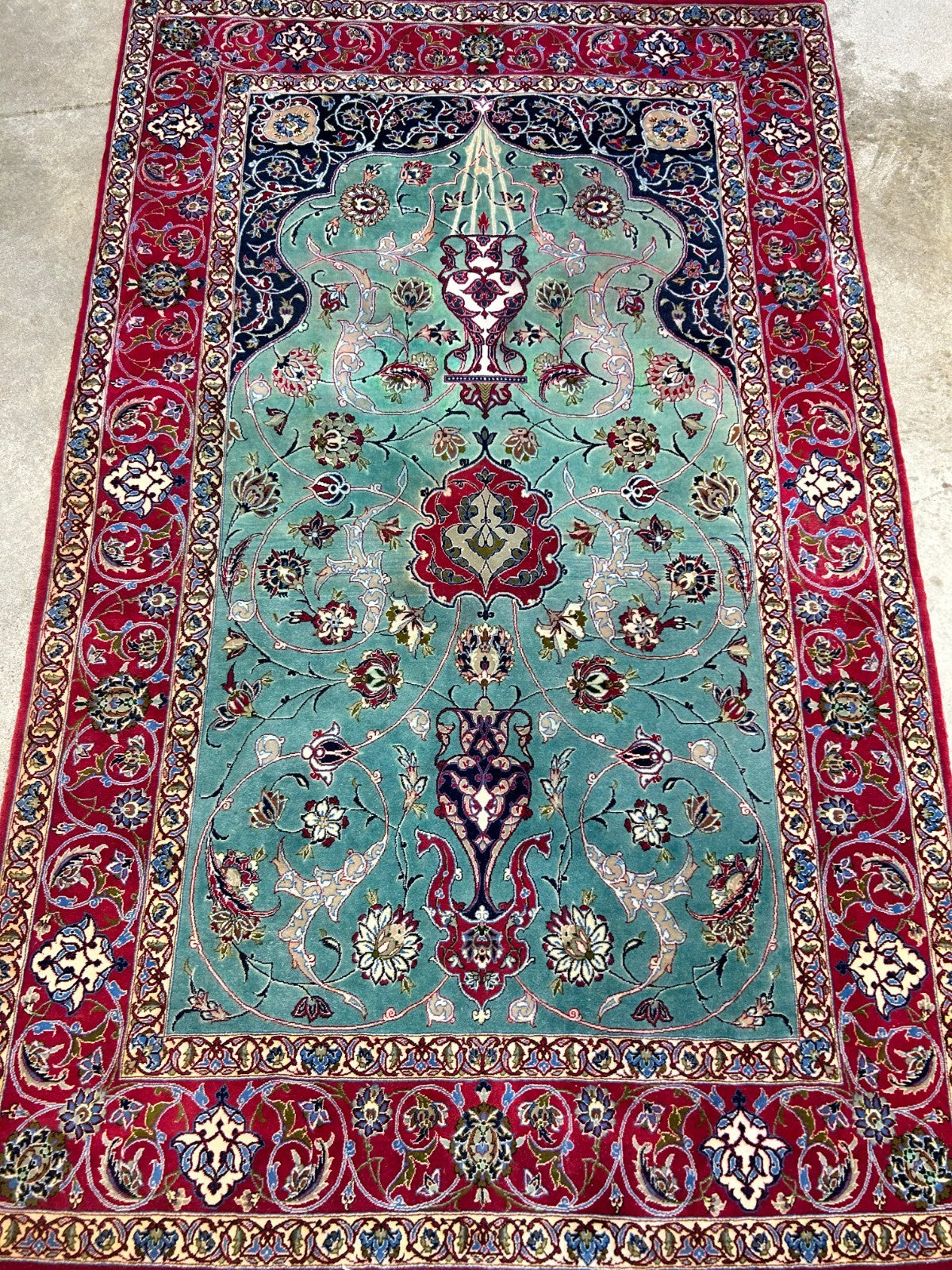 Collector Item-Fine 3'7"x5'9" Antique Hand-Knotted 100% Wool Isfahane Prayer Rug