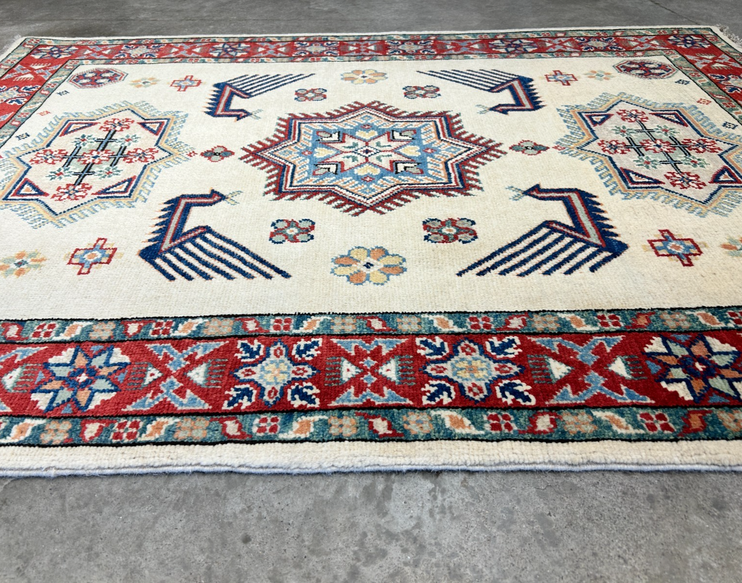 3'5"x4'9" Fine Hand-Knotted 100% Wool Pile Kazak Rug