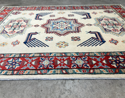 3'5"x4'9" Fine Hand-Knotted 100% Wool Pile Kazak Rug