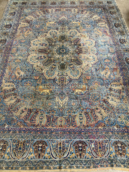 11’x14’10” Antique Hand-Knotted Fine Wool Persian Kerman Area Rug Handmade