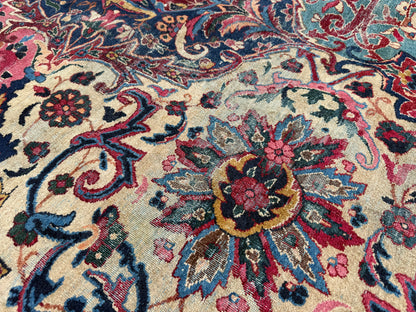13’6”x21’10” Antique Hand-Knotted Very Fine Wool Persian Kerman Area Rug
