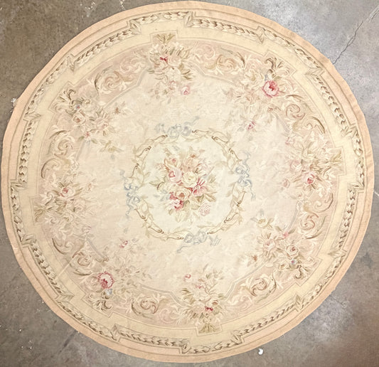 8’2” Diameter Antique Handwoven Wool French Aubusson Round Flatweave Rug 8x8 Handmade Carpet