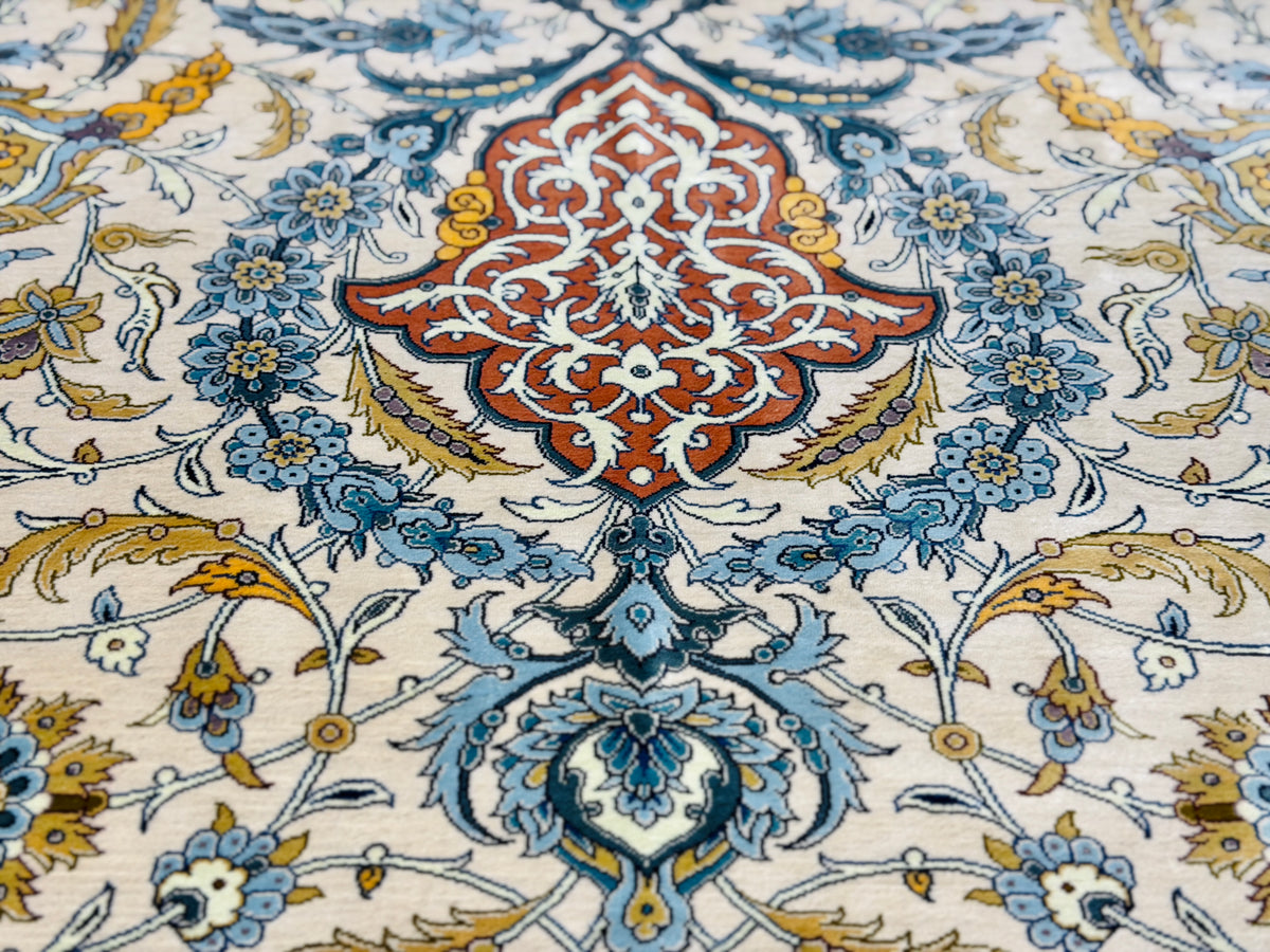 Luxurious Hand-Knotted 100% Silk Persian Qum Rug - Signed MirMahdi - 7'3"x10'7"