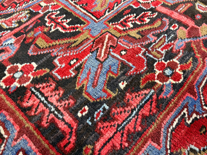 9’7”x13’ Vintage Hand-Knotted Wool Heriz Persian Rug 9x13 Red Handmade Carpet