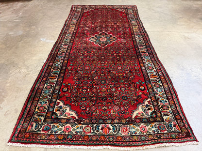4’10”x10’3” Vintage Hand-Knotted Wool Hamadan Persian Rug 4x10 Red Handmade Tribal Carpet