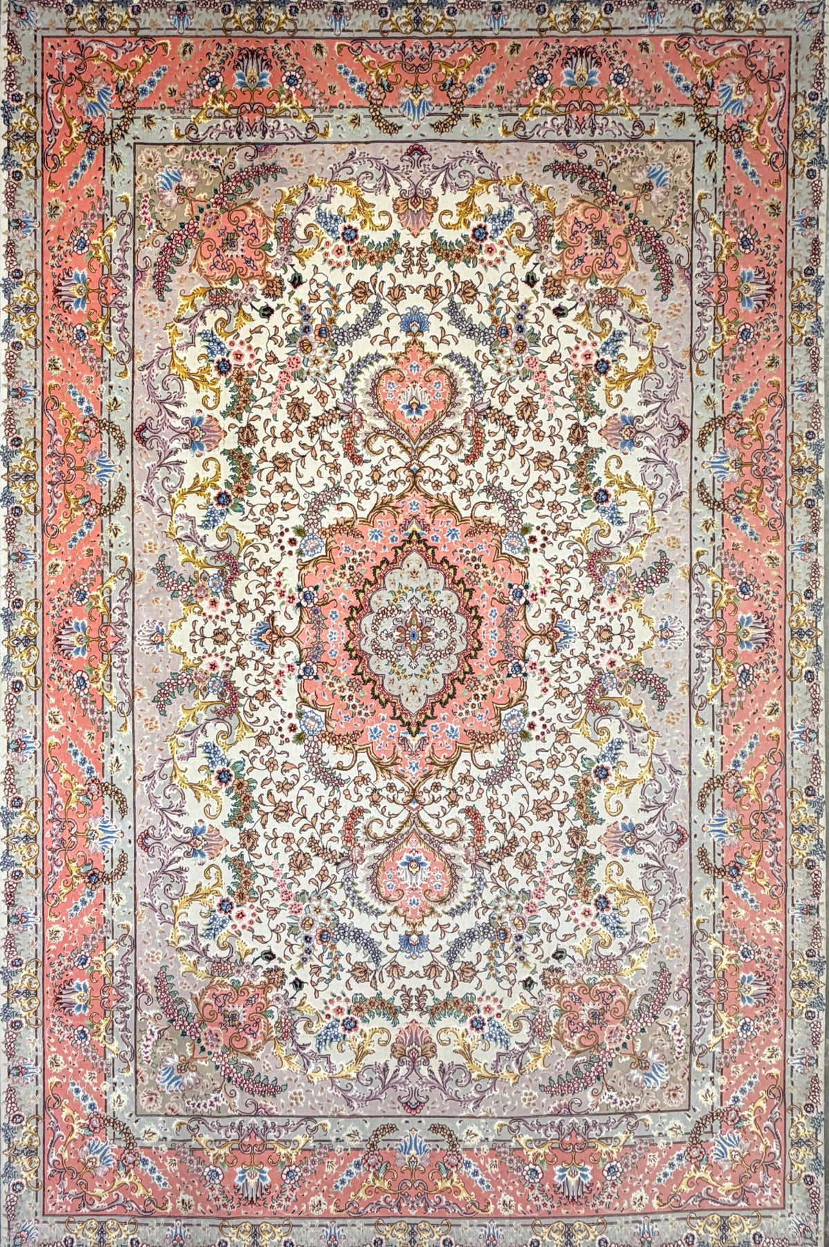 Hand-Knotted 70 Raj Persian Tabriz Rug, 6′8″x10′3″, red/cream/gold, medallion & floral motifs.