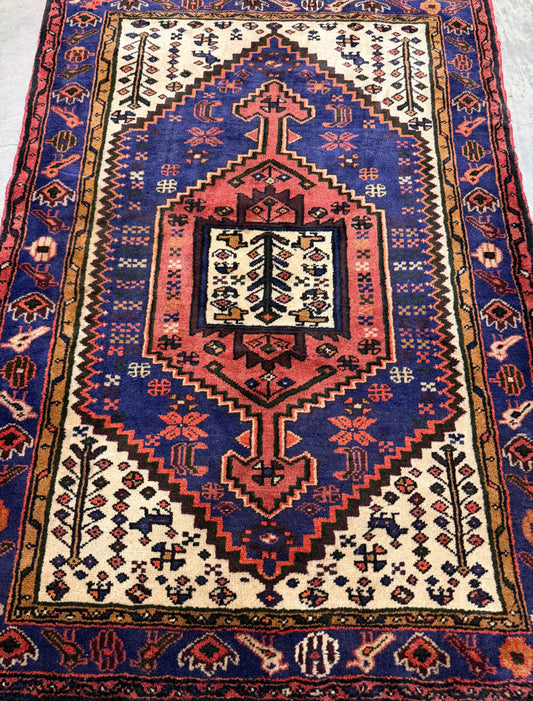 3’4”x5’ Hand-Knotted Wool Hamadan Persian Rug 3x5 Blue Handmade Carpet