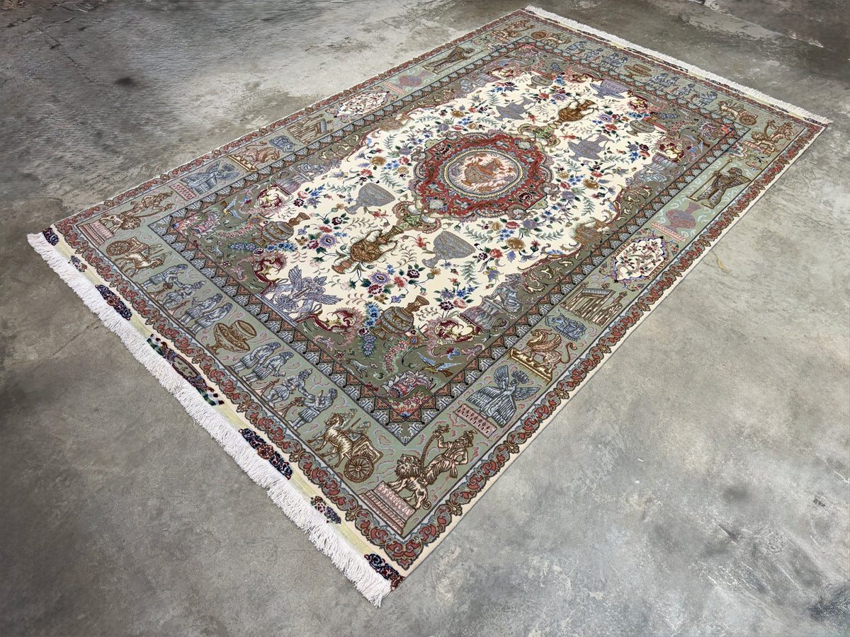 Hand-Knotted Pictorial 60 Raj Persian Tabriz Rug - 6'6"x10'2"
