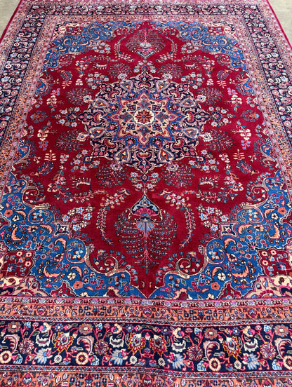 9’7”x12’6” Vintage Hand-Knotted Wool Sarouk Persian Rug 9x12 Red Handmade Carpet