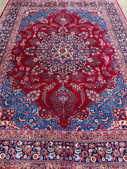 9’7”x12’6” Vintage Hand-Knotted Wool Sarouk Persian Rug 9x12 Red Handmade Carpet