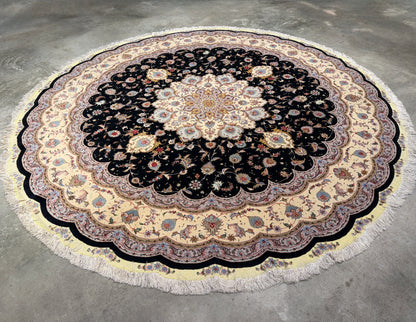 10’ Diameter Very Fine Hand-Knotted Wool & Silk Round Tabriz Persian Rug - 10x10 Handmade Carpet