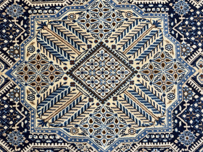 5’2”x8’9” Hand-Knotted Fine Wool & Silk Naine Area Rug - Beige & Blue Geometric