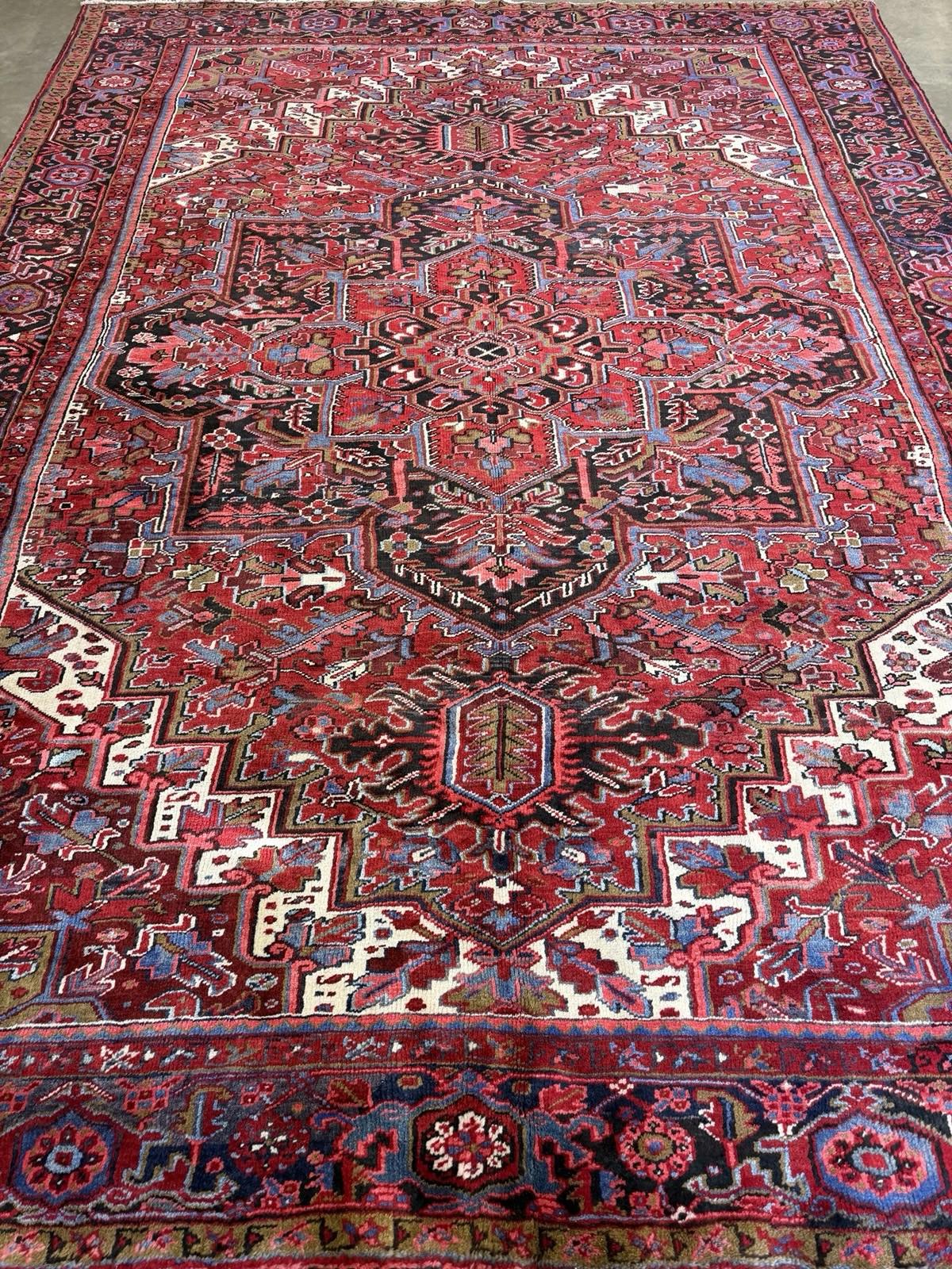 9'7"x13' Vintage Hand-Knotted Herize Rug Antique Handmade Red Oriental Geometric