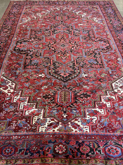 9'7"x13' Vintage Hand-Knotted Herize Rug Antique Handmade Red Oriental Geometric