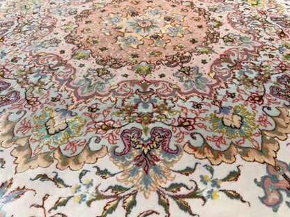 10’ Diameter Very Fine Hand-Knotted Wool & Silk Round Tabriz Persian Rug - 10x10 Handmade Carpet