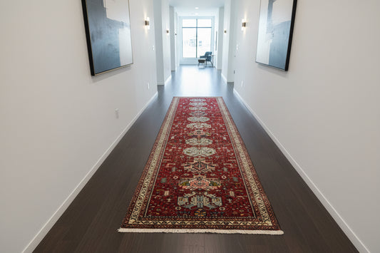 3’10”x10’10” Antique Hand-Knotted Wool Heriz Persian Runner 3x10 Handmade Red Rug