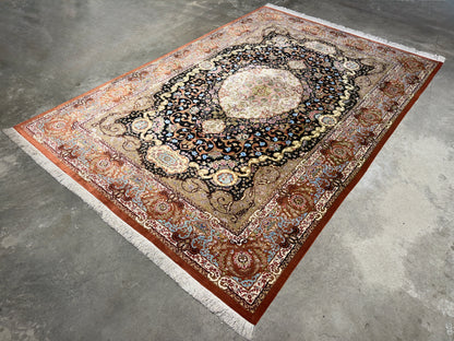Luxurious Hand-Knotted 100% Silk Persian Qum Rug - Signed Abbaspour - 6'6"x9'6"